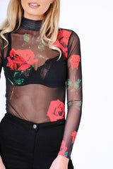 Black Rose Print Sheer Mesh Long Sleeve Bodysuit - Maddie