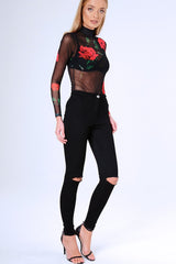 Black Rose Print Sheer Mesh Long Sleeve Bodysuit - Maddie