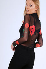 Black Rose Print Sheer Mesh Long Sleeve Bodysuit - Maddie