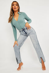 Blue Wash Split Front Straight Jeans - Lilyrose