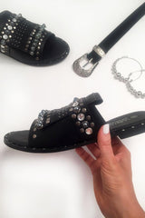 Black Studded Pu Sliders -Embyr