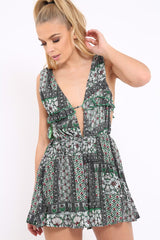 Green Floral Print Plunge Tie Back Pleated Playsuit - Remy