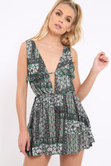 Green Floral Print Plunge Tie Back Pleated Playsuit - Remy