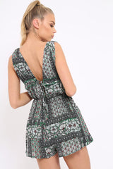 Green Floral Print Plunge Tie Back Pleated Playsuit - Remy