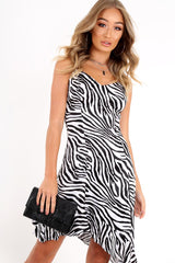 Zebra Print Satin Asymmetric Ruffle Hem Dress - Roselena