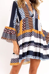 Mustard And Blue Plunge Aztec Flute Sleeve Shift Dress - Olesya