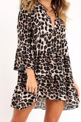 Leopard Plunge Flute Sleeve Shift Dress - Olesya