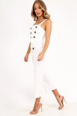 White Button Front Belted Culotte Jumpsuit - Magy