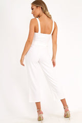 White Button Front Belted Culotte Jumpsuit - Magy