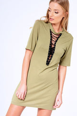 Khaki Lace Up Choker T-Shirt Dress - Brooklynn