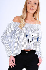 Black And White Stripe Bardot Embroidered Top - Aisling