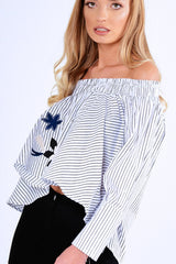 Black And White Stripe Bardot Embroidered Top - Aisling