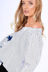 Black And White Stripe Bardot Embroidered Top - Aisling