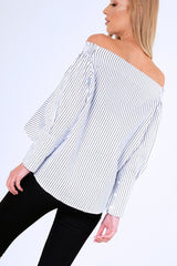 Black And White Stripe Bardot Embroidered Top - Aisling