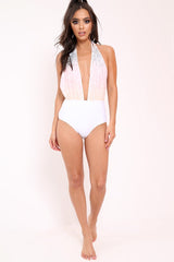 South Beach White and Pastel Sequined Plunge Swimsuit