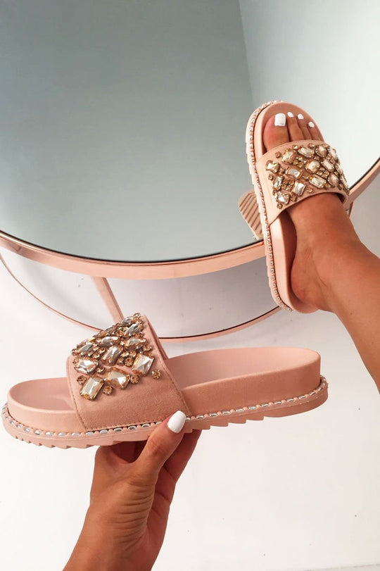 Pink Faux Suede Jewel Sliders - Cosette
