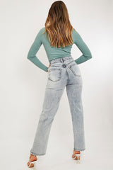 Blue Wash Split Front Straight Jeans - Lilyrose
