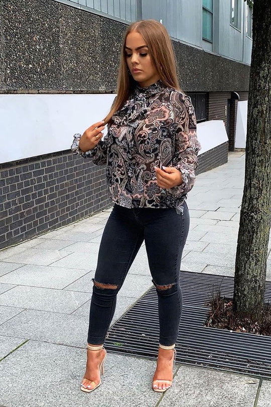 Black Paisley Print Sheer Shirt - Zemira