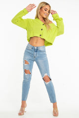 Lime Chunky Knit Button Up Crop Cardigan - Elly