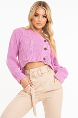 Pink Chunky Knit Button Up Crop Cardigan - Elly