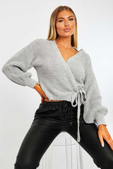 Grey Wrap Tie Details Cardigan - Lucy
