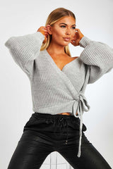 Grey Wrap Tie Details Cardigan - Lucy