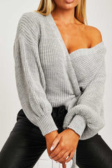 Grey Wrap Tie Details Cardigan - Lucy
