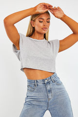 Grey Cropped Shoulder Pad T-shirt - Ivani