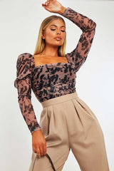 Tan Marble Puff Sleeve Bodysuit - Deana