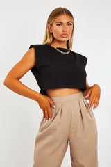 Black Cropped Shoulder Pad T-shirt - Ivani