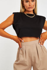 Black Cropped Shoulder Pad T-shirt - Ivani