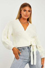 Cream Wrap Tie Details Cardigan - Lucy