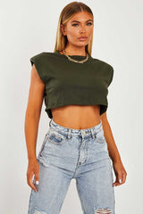 Khaki Cropped Shoulder Pad T-shirt - Ivani
