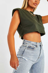 Khaki Cropped Shoulder Pad T-shirt - Ivani