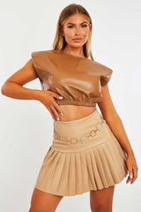 Camel Cropped Faux Leather Shoulder Pad Top - Kirrah
