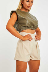 Khaki Cropped Faux Leather Shoulder Pad Top - Kirrah