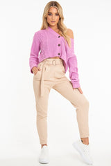 Pink Chunky Knit Button Up Crop Cardigan - Elly