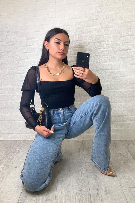 Black Ruched Body Mesh Sleeve Bodysuit - Raeya