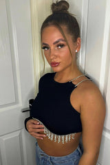 Black Rib Knit Diamante Detail One Sleeve Cropped Top - Aina