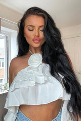 White Rosette Frill Detail Crop Top - Arisa