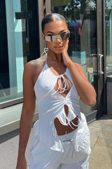 White Halter Neck Cut Out Hem Crop Top - Alessa