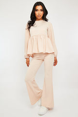 Nude Puff Sleeve Top + Wide Leg Trouser Co-ord - Demri