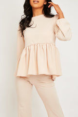 Nude Puff Sleeve Top + Wide Leg Trouser Co-ord - Demri