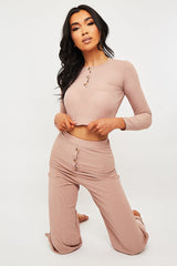 Pink Ribbed Button Front Top + Trouser Co-ord - Emani