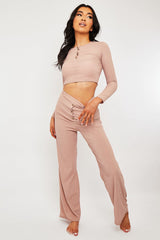 Pink Ribbed Button Front Top + Trouser Co-ord - Emani