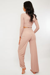Pink Ribbed Button Front Top + Trouser Co-ord - Emani