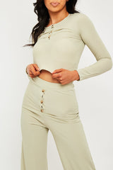 Sage Ribbed Button Front Top + Trouser Co-ord - Emani