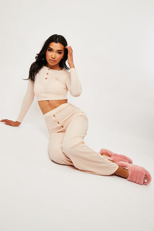 Nude Ribbed Button Front Top + Trouser Co-ord - Emani