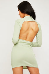 Sage Ribbed Back Cut Out Mini Dress - Eloise
