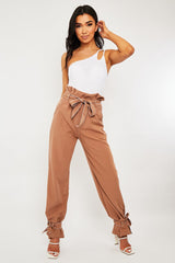 Camel Contrast Stitch Ankle Tie Trousers - Neyla